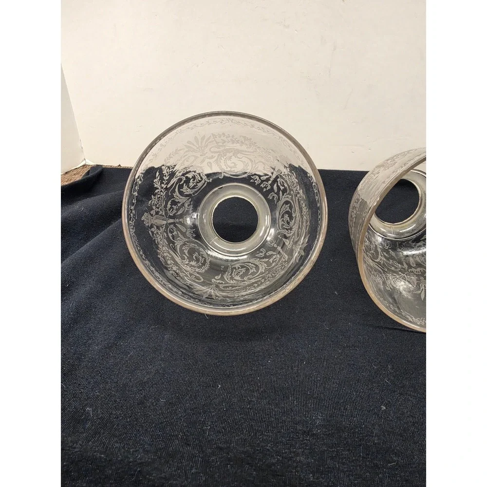 Vintage Pair Etched Glass Lamp Shades Floral Scroll Bell Shape 2.25 In Fitter